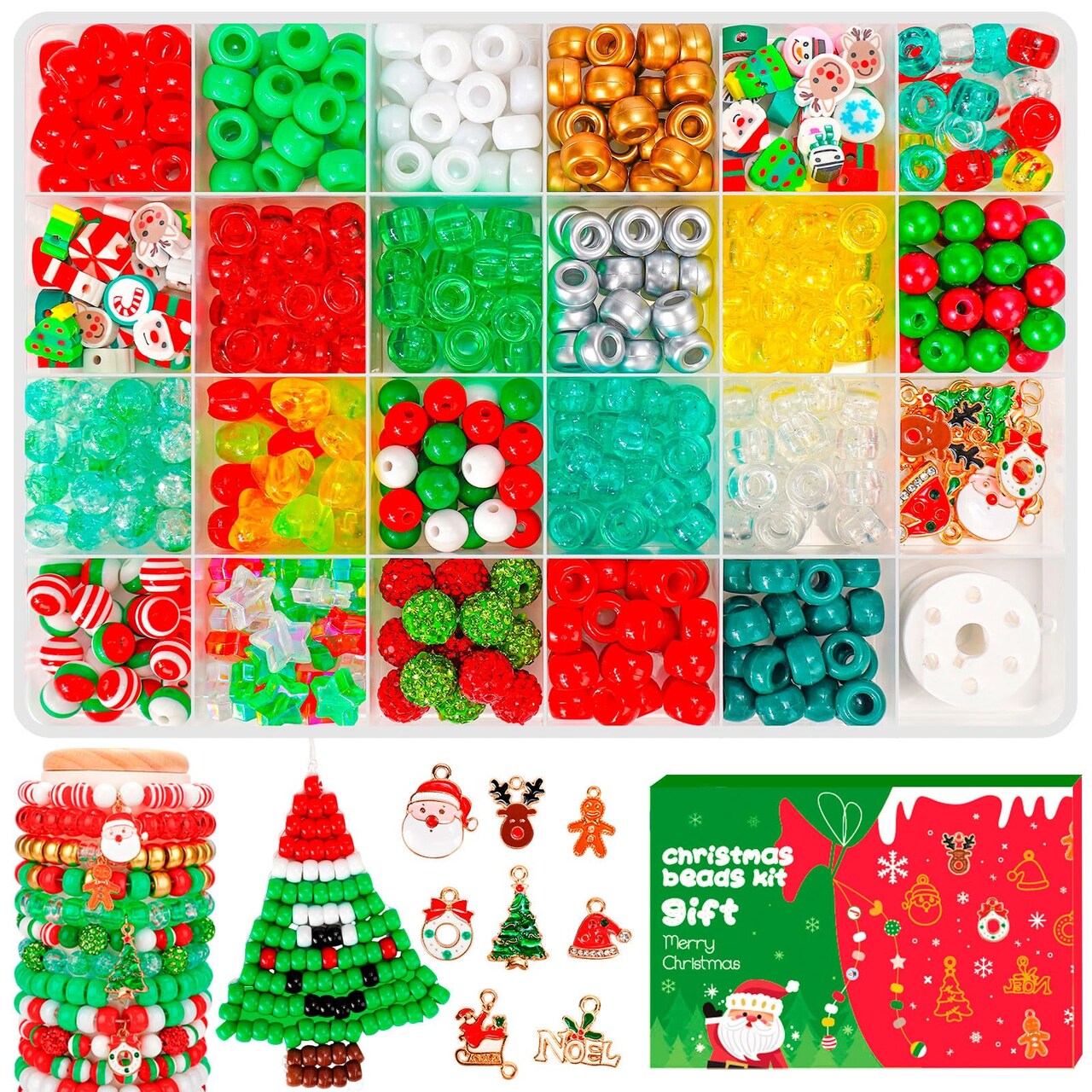 Christmas Beads for Bracelets, 500Pcs Pony Beads Kit with Christmas Tree Snowflake Charms Xmas Party Decor Red Green Assorted Beads Gifts for Girls Kids DIY Jewelry Making Crafts Stocking Stuffers